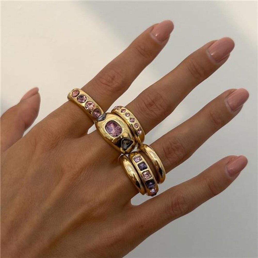 ✨ Chunky Gold Rings Set | Hollow Diamond Adjustable Stackable Statement Rings - Picture 2 of 5